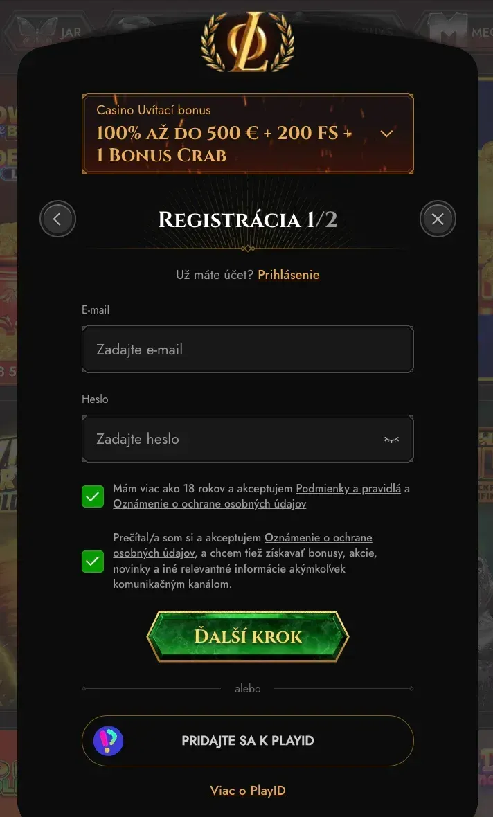 Registračný formulár v Legiano